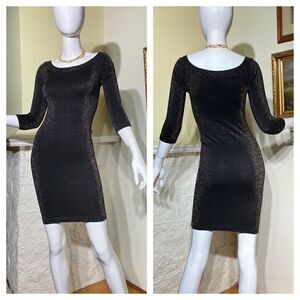 Bebe Stretch Metallic Black & Gold Bodycon Mini Dress 3/4 Sleeves